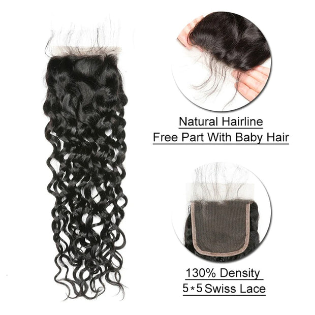 5x5 HD Lace Closure Natural Water Virgin Human Hair 3 Bundles