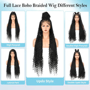 Boho Braided Wig Boho Curls Wig Bohemian Braided  Full Double Lace Braid Wigs 36" 1B