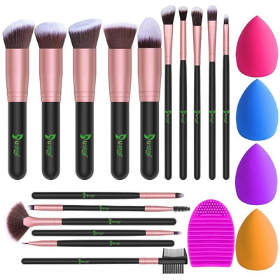 Ustar 16PCs Makeup Brushes Makeup  Set with 4PCs Makeup Sponge and 1 Brush Cleaner(Rose Gold)