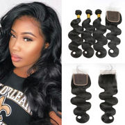 Ustar 7A Natural Black Virgin Body Wave Hair 3 Bundles with 4 by 4 Lace Closure