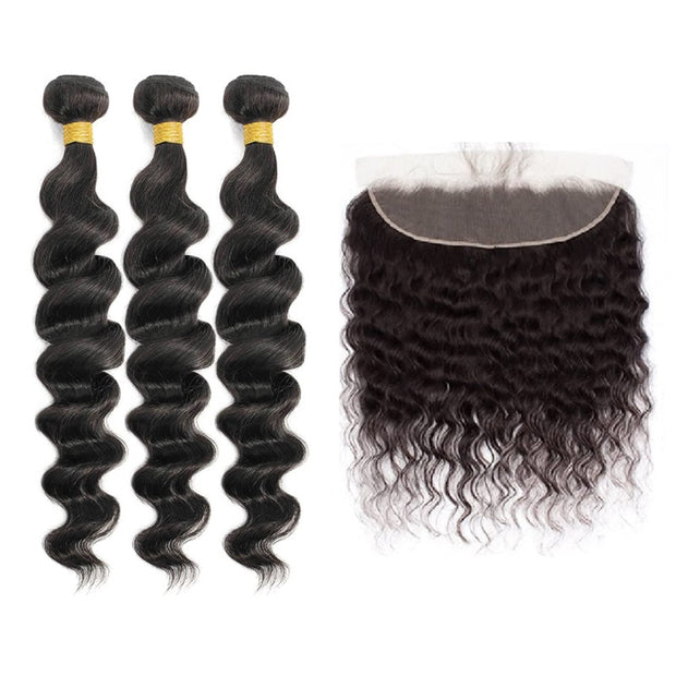 3 Bundles With 13x4 Lace Frontal Loose Wave Natural Black Brazilian Virgin Hair