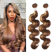 Better Hair, Less Money - Master Blend hair Body Wave Brown and honey blonde highlighted Color 4P27 Human Hair with High Quality Fibers for quick wave, ponytail