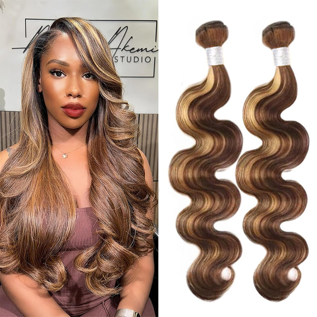 Better Hair, Less Money - Master Blend hair Body Wave Brown and honey blonde highlighted Color 4P27 Human Hair with High Quality Fibers for quick wave, ponytail