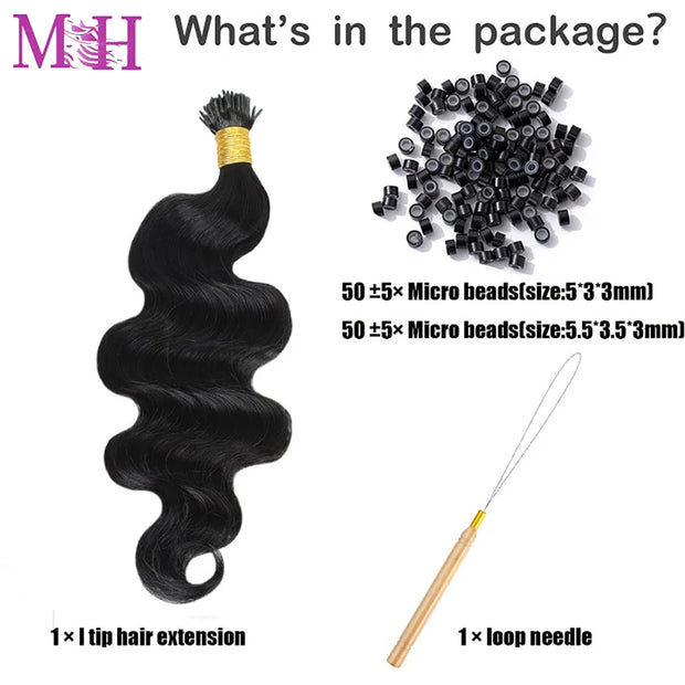 MH I-tip body wave Hair extensions Natural Black Raw hair Quality 100 Human Hair Straight, Deep Wave, Kinky Straight