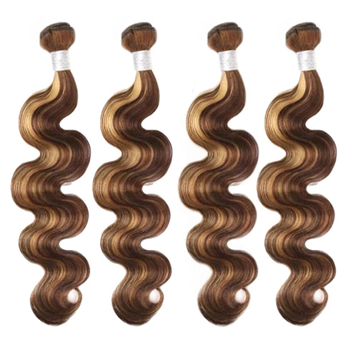 Better Hair, Less Money - Master Blend hair Body Wave Brown and honey blonde highlighted Color 4P27 Human Hair with High Quality Fibers for quick wave, ponytail