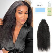 Tape In Hair Extensions Human 50g Hair Kinky Straight Natural Color With Replacement Tapes 20 Pcs, Remover