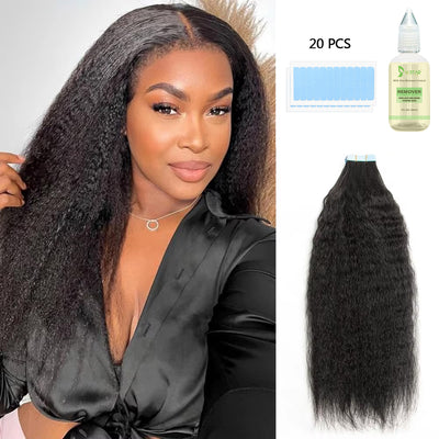Tape In Hair Extensions Human 50g Hair Kinky Straight Natural Color With Replacement Tapes 20 Pcs, Remover