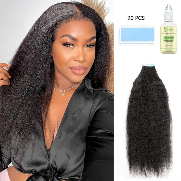 Tape In Hair Extensions Human 50g Hair Kinky Straight Natural Color With Replacement Tapes 20 Pcs, Remover