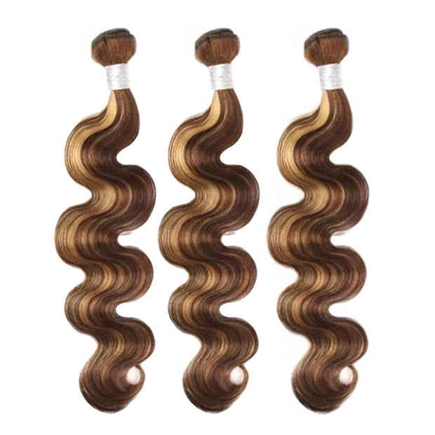 Better Hair, Less Money - Master Blend hair Body Wave Brown and honey blonde highlighted Color 4P27 Human Hair with High Quality Fibers for quick wave, ponytail