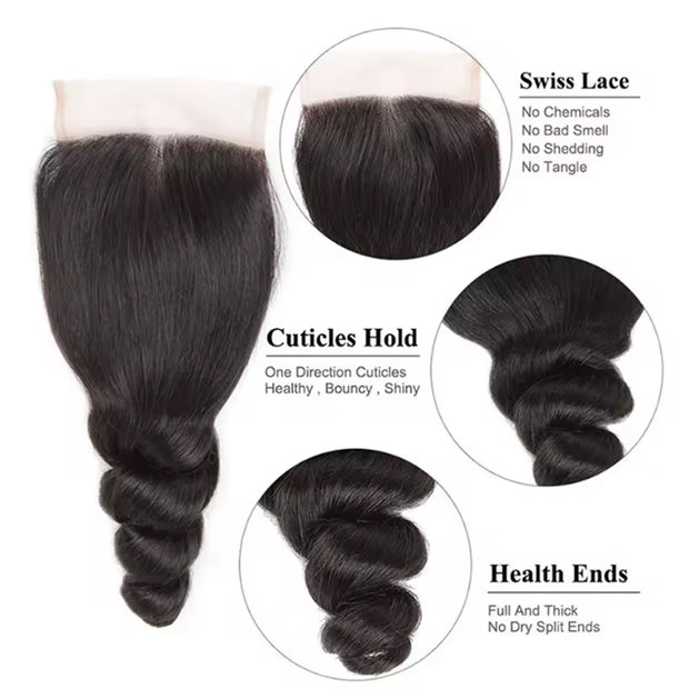 4x4 Lace Transparent Lace Closure Loose Wave Virgin Natural Human Hair