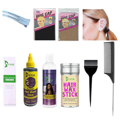 Quick Weave kit for Leave Out,  12 pcs with Protective shield, Hair Weft Bond Glue, wig caps, Rat Tail Comb, brush, Earmuffs, Hair Clips,Hair Wax Stick, Heat Protactor spray  for Quick Weave installation