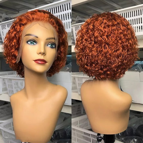 13x1 Lace Front Orange Wigs,Short Curly Human Hair Wigs Pixie Cut Bob Glueless Wigs