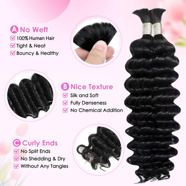 Ustar Basics Human Braiding Hair Bulk 50g/Boudle Deep Wave Color 27#,#2,1B
