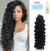Tape In Hair Extensions Human Hair 50g Deep Wave Black Color With Replacement Tapes 20 Pcs, Remover