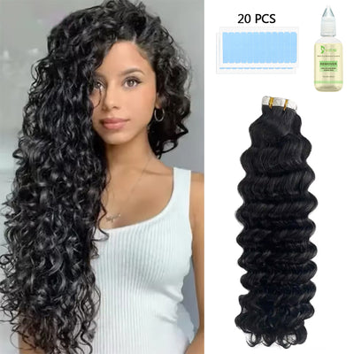 Tape In Hair Extensions Human Hair 50g Deep Wave Black Color With Replacement Tapes 20 Pcs, Remover