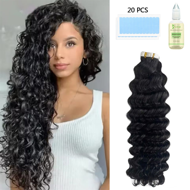 Tape In Hair Extensions Human Hair 50g Deep Wave Black Color With Replacement Tapes 20 Pcs, Remover