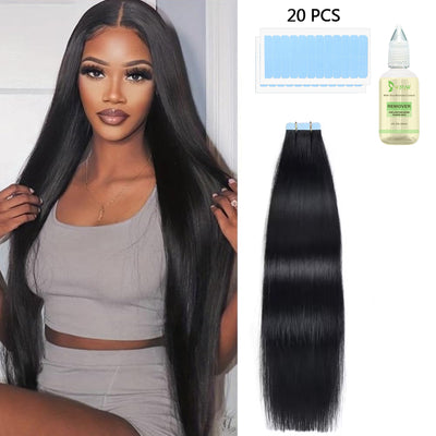 Tape In Hair Extensions Human Hair 50g Straight Black and Dark Brown Color With Replacement Tapes 20 Pcs, Remover