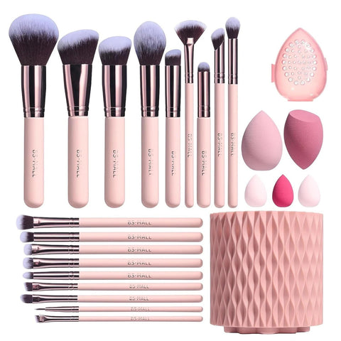 Makeup Brushes Premium Synthetic Foundation Powder Concealers Eye Shadows 18 Pcs Brush Set with 5 sponge & Holder Sponge Case (A-Pink)