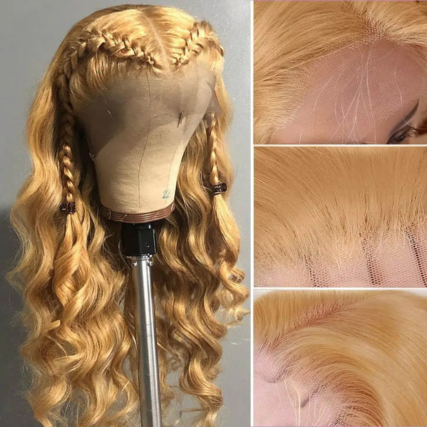 13X4 lace Body Wave #27 Wig Transparent Lace frontal wig 200 Density 100 Remy Human Hair Honey Blonde