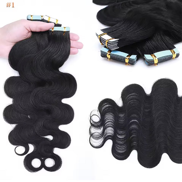 Tape In Hair Extensions Human Hair 50g Body Wave Black and Dark Brown Color With Replacement Tapes 20 Pcs, Remover