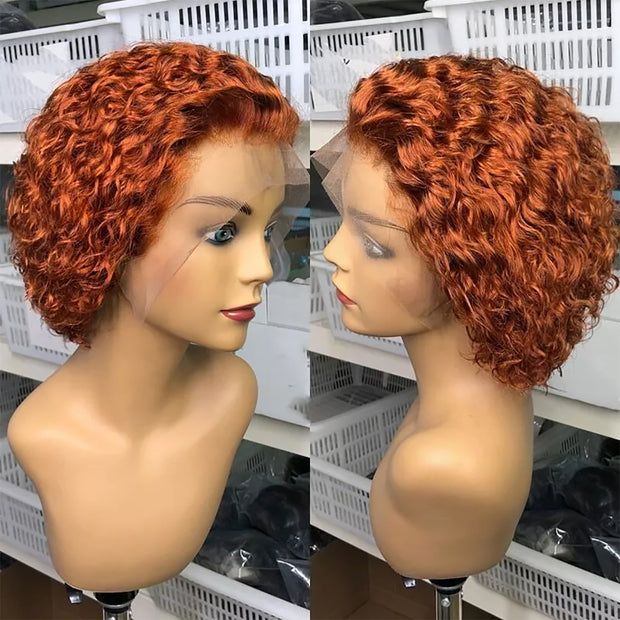 13x1 Lace Front Orange Wigs,Short Curly Human Hair Wigs Pixie Cut Bob Glueless Wigs