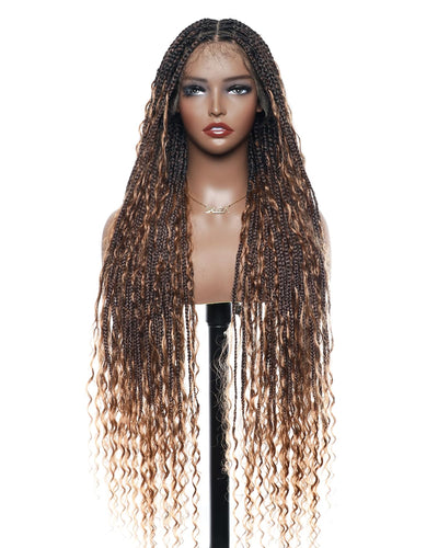 Human Hair Boho Box Braided Wigs 36" Real Swiss HD Full Lace Lightweight High Density Knotless Tangle-free Boho Box Braided Wig - Extra Full 100 Strands Ombre Brown Wig