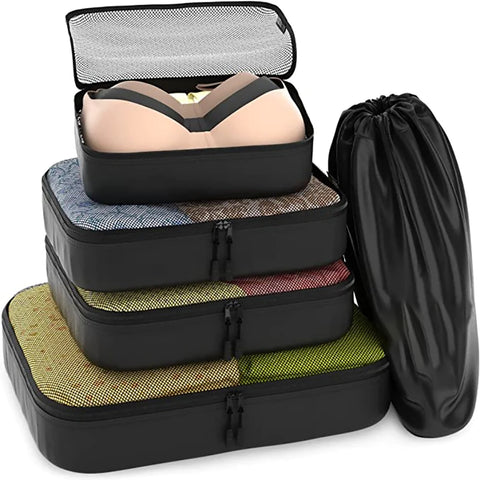 Travel Black Mesh 5 Set Packing Cube Organizers With Laundry Bag