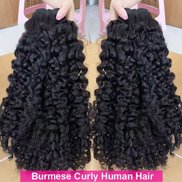 Burmese Curly Human Hair Bundles #1B Natural Color Wavy Mink Hair and 5*5 Transparent Closure For Women
