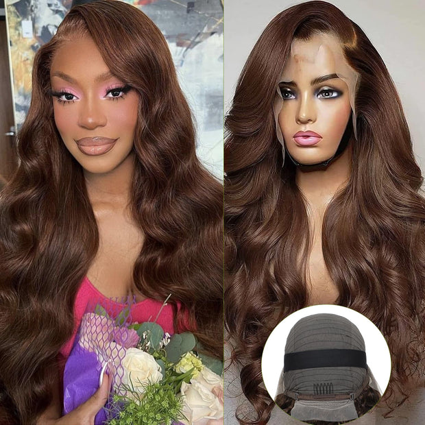 13x4 Lace color #4 Body wave wig full lace frontal wig Chocolate Brown 100 virgin Human Hair