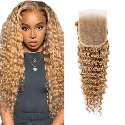 4X4 Lace Closure Deep Wave Honey Blonde (#27) Color 100% Human Hair Closure