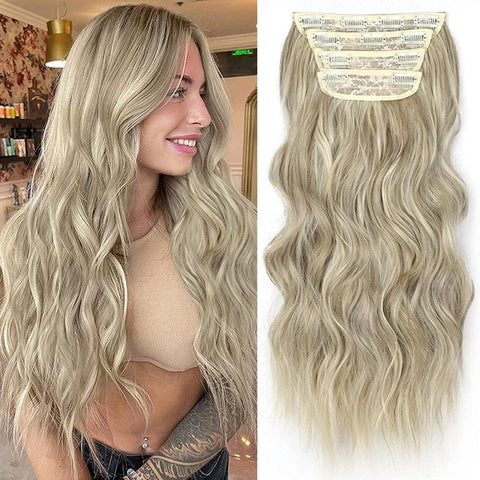 Clip in Long Wavy Synthetic Hair Extension 24 Inch 4PCS 220g Thick Hairpieces Fiber Double Weft Hair for Women
