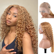 13X4 Deep Wave #27 Wig Transparent Lace Frontal wig 200 Density 100 remy Human Hair Honey Blonde