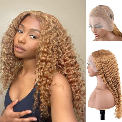 13X4 Deep Wave #27 Wig Transparent Lace Frontal wig 200 Density 100 remy Human Hair Honey Blonde