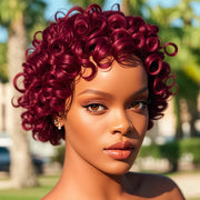 13x1 Lace Front Burgundy Red Wigs,Short Curly Human Hair Wigs Pixie Cut Bob Glueless Wigs