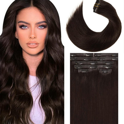 PU Weft Clip On Hair Extensions 18-24 Inch 7Pcs 100g SEAMLESS Clip in Human Hair Natural Black