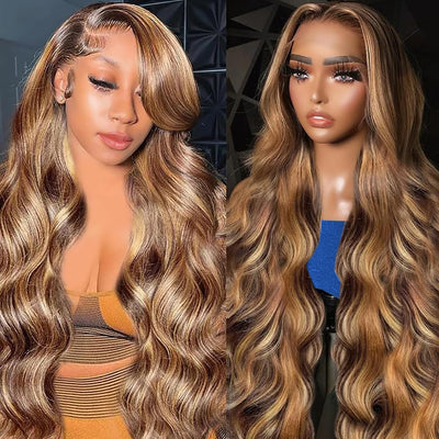 5x5 Highlight Lace Closure Wig Human Hair Body Wave P4/27 Ombre Honey Blonde Wig 180 Density