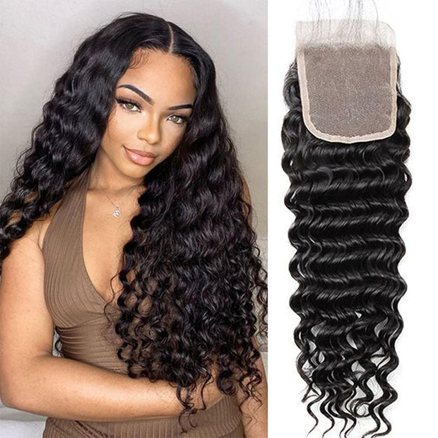 4x4HD Lace Closure Deep Wave Human Hair 100% Unprocessed Brazilian Virgin Hair Free Part