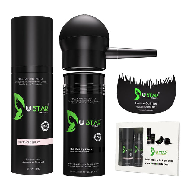Ustar Hair Building Fibers .42oz/12g  4 in 1 Gift Pack (Hair Fibers, Comb, Spray Applicator, FiberHold Spray)