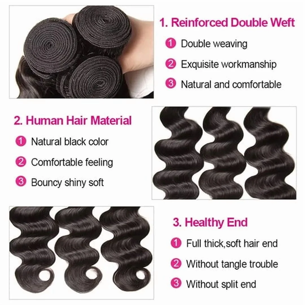 USTAR BEAUTY Body Wave Human Hair 1B 12 14 16 18 20 22 24 26 28 30 in Double Weft Basics Color for Women