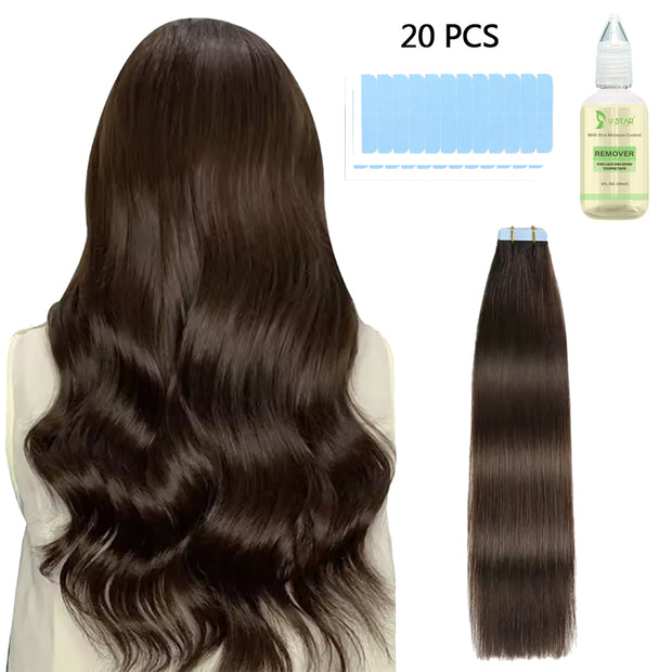 Tape In Hair Extensions Human Hair 50g Straight Black and Dark Brown Color With Replacement Tapes 20 Pcs, Remover