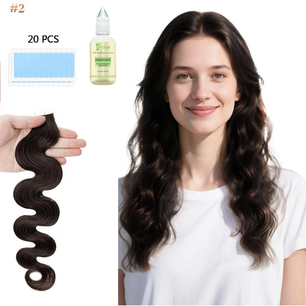 Tape In Hair Extensions Human Hair 50g Body Wave Black and Dark Brown Color With Replacement Tapes 20 Pcs, Remover