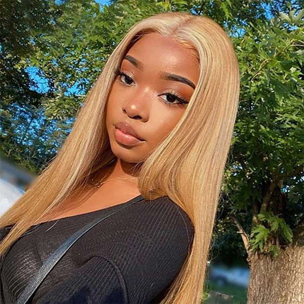 5X5 HD Lace Closure Wig Straight Honey Blonde  Human Hair Color #27