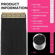 Tape-in Premium Human Hair Natural Color Kinky Straight - 20Pcs/Pack