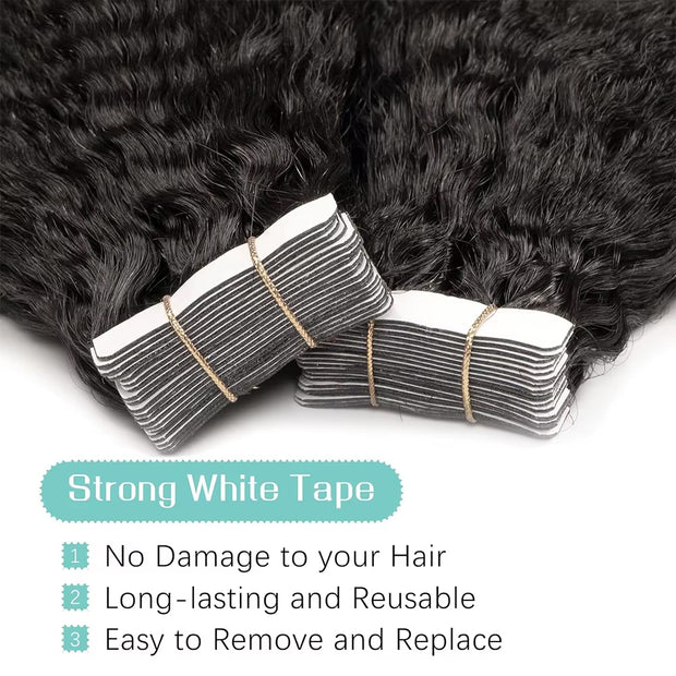 Tape In Hair Extensions Human 50g Hair Kinky Straight Natural Color With Replacement Tapes 20 Pcs, Remover