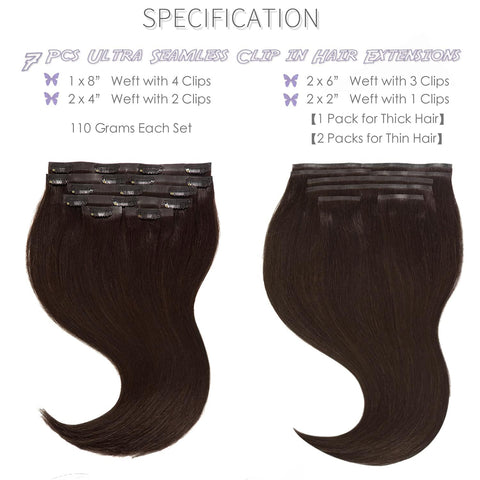 PU Weft Clip On Hair Extensions 18-24 Inch 7Pcs 100g SEAMLESS Clip in Human Hair Natural Black