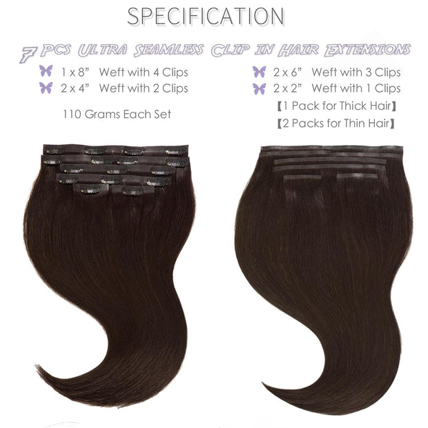PU Weft Clip On Hair Extensions 18-24 Inch 7Pcs 100g SEAMLESS Clip in Human Hair Natural Black