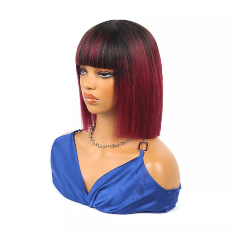 1B/99J Black and Burgundy Ombre Straight Short Bob Wigs Human Hair None Lace Front Wigs 10inch