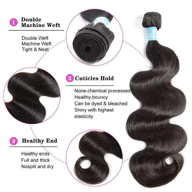 Double Drawn Full End Unprocessed Body Wave INDIAN RAW Hair Black