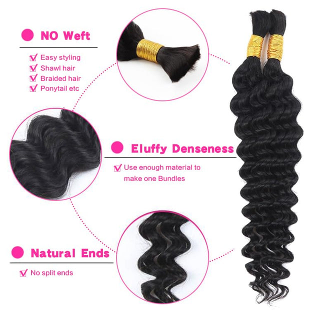 Natural color Human BOHO Braiding Hair Bulk hair Deep Wave Best Quality Mink hair extensions 100g/bundle