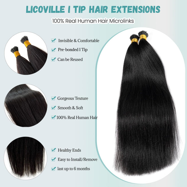 I-tip Premium Hair extensions Natural Black Straight